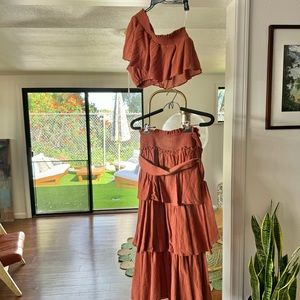 Free People Terracotta Spice Crop One-shoulder Top and Ruffle Tiered Skirt Set